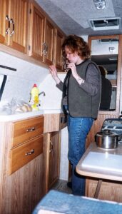 Jen explores the kitchen in our first RV rental