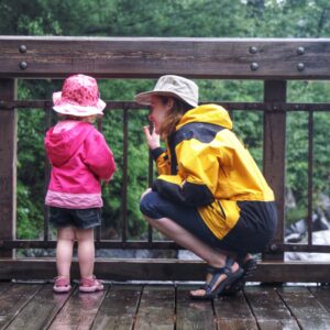 Jen and daughter check out the falls at Chutes Provincial Park