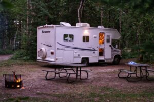 The Adventurer motorhome set up at our campsite