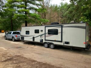 Our 32' trailer hooked up to our Ford 150 makes a pretty long vehicle! 