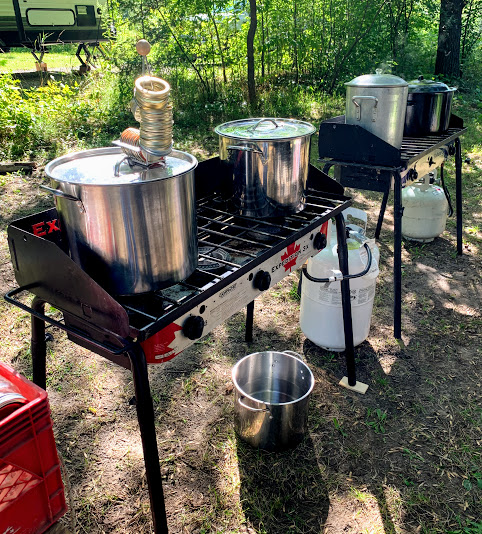 Our two 90,000 BTU camp stoves set up and ready to can!