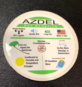 A coaster stating the benefits of Azdel, including no rot and 2x insulation value