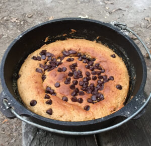 A chocolate chip cake baked in a cast iron dutch oven